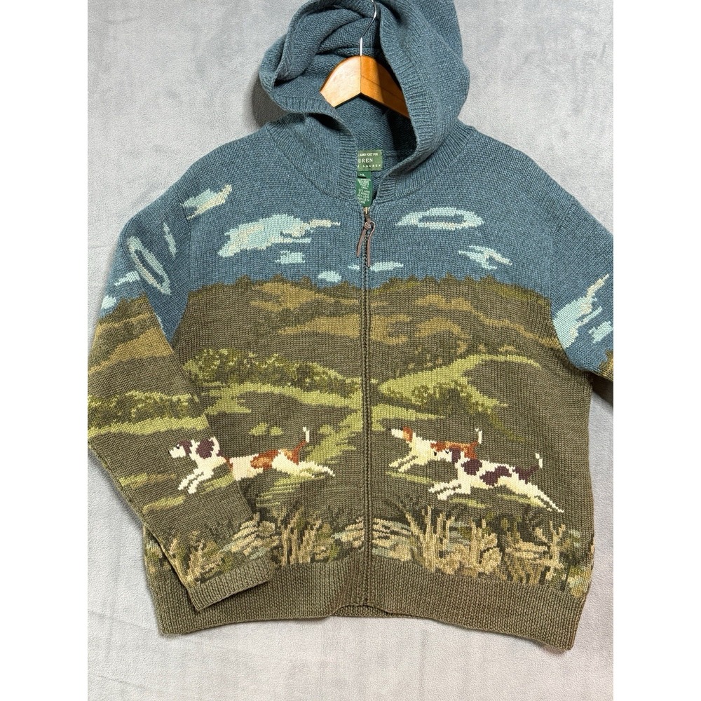 Ralph Lauren Sz XL Hand-Knit THE HUNT Dog Sweater Art-Wear HOODED Amazing